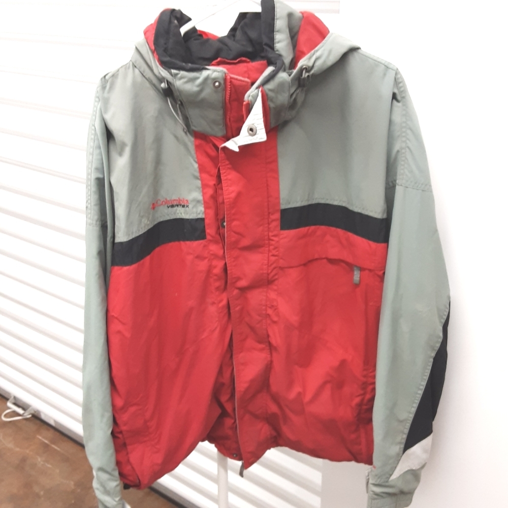 Columbia Men's Red and Gray Hooded Rain Jacket